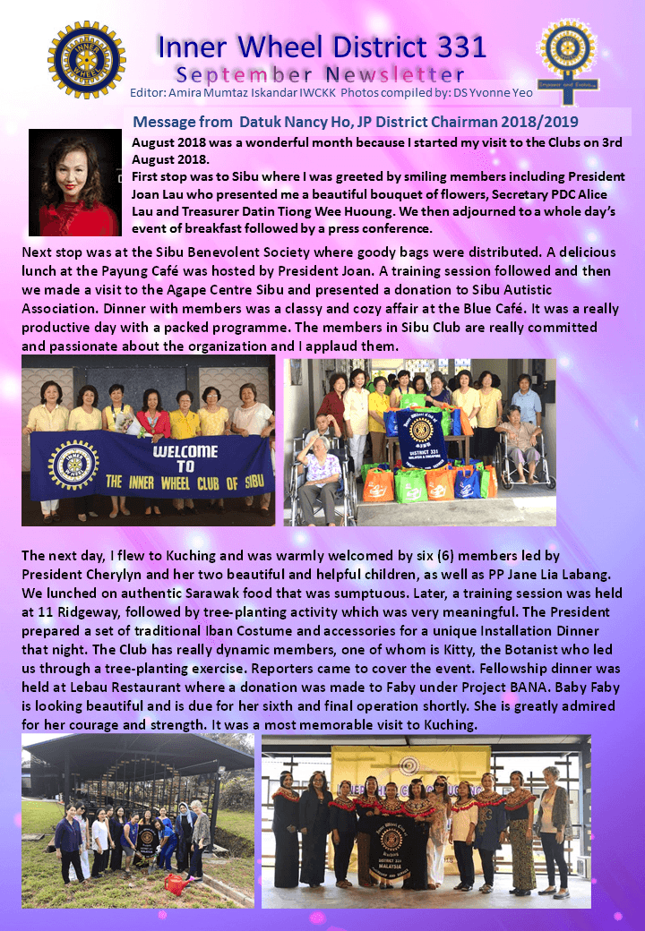 District Chairman Nancy Ho's September 2018 Message