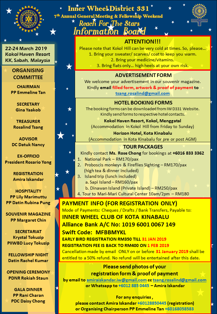 Information Board: District 331 Annual General Meeting, 22-24 March 2019, Kokol Haven Resort, Kota Kinabalu, Sabah, Malaysia
