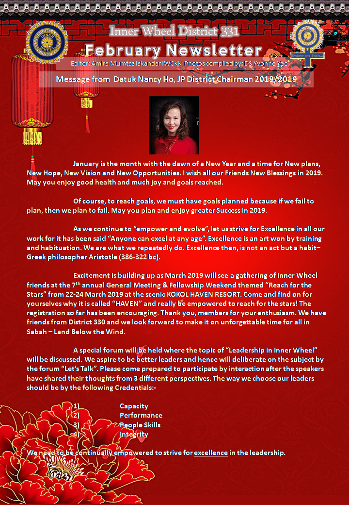 District Chairman Nancy Ho's February 2019 Message