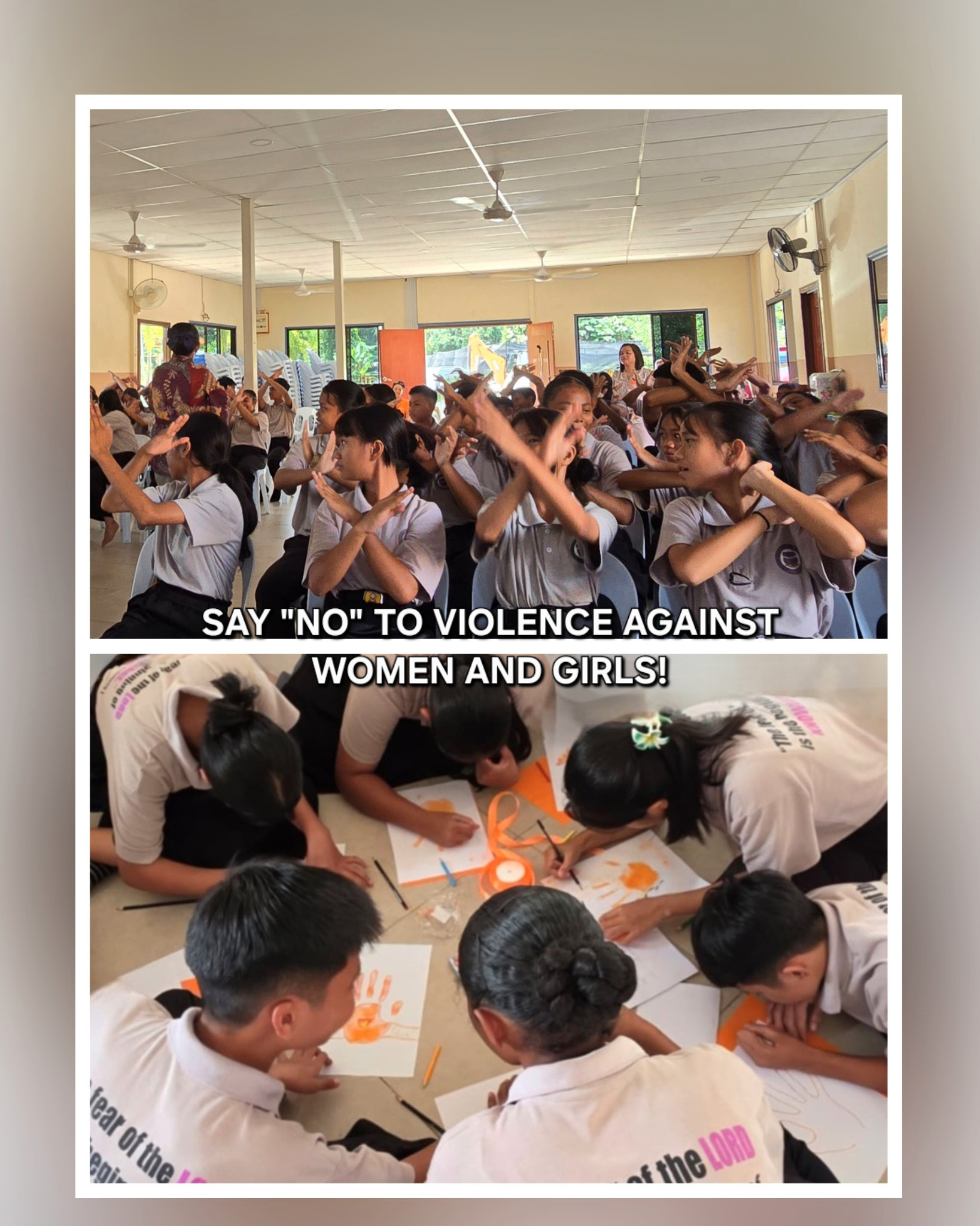 A group of people are sitting in a room, some of them are wearing shirts that say "No to violence against women and girls." They are engaged in a discussion or activity, with some of them holding up their hands. The room appears to be a classroom or a meeting space.

AI generated content