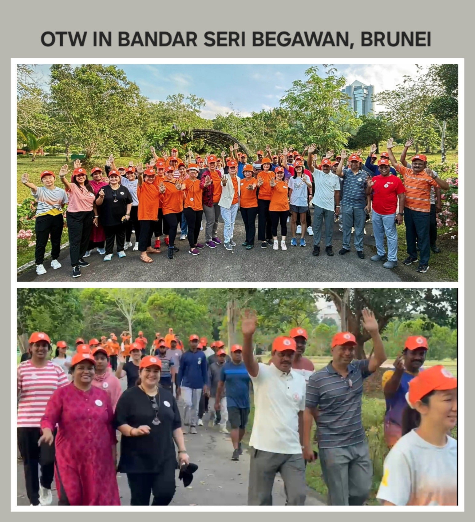 A large group of people wearing orange hats and shirts are walking down a street. They are waving and smiling as they pass by.

AI generated content